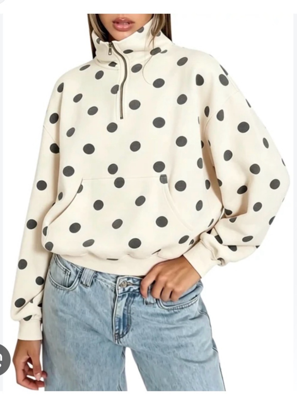 Women's Polka Dot Half-Zip Sweatshirt - Cream/Black